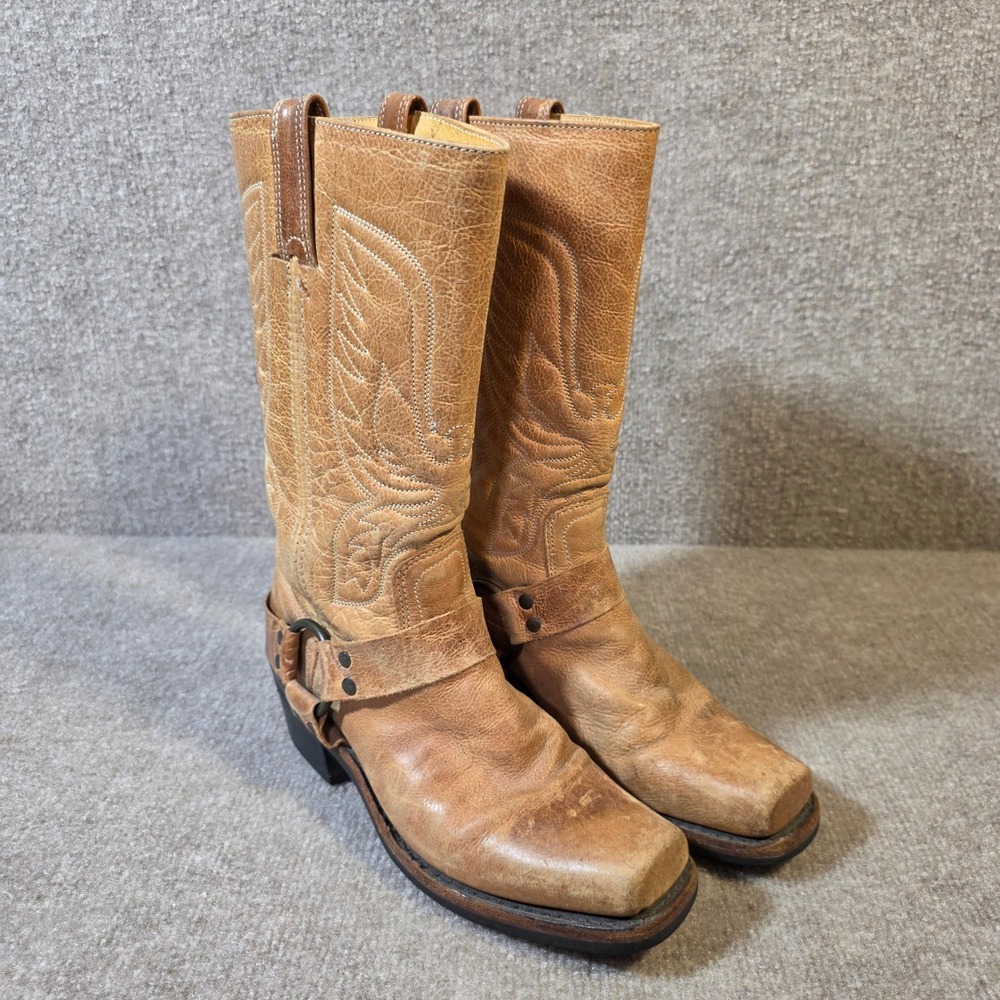 Frye Vintage Tan Leather Harness Boots Square Toe Eagle Stitch 77265 7.5M